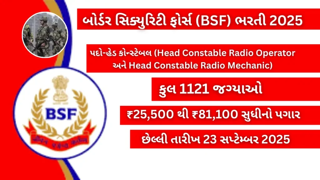 BSF Head Constable Recruitment 2025:BSF માં 1121 જગ્યાઓ ખાલી, 12 પાસ ઉમેદવારો માટે મોટી તક