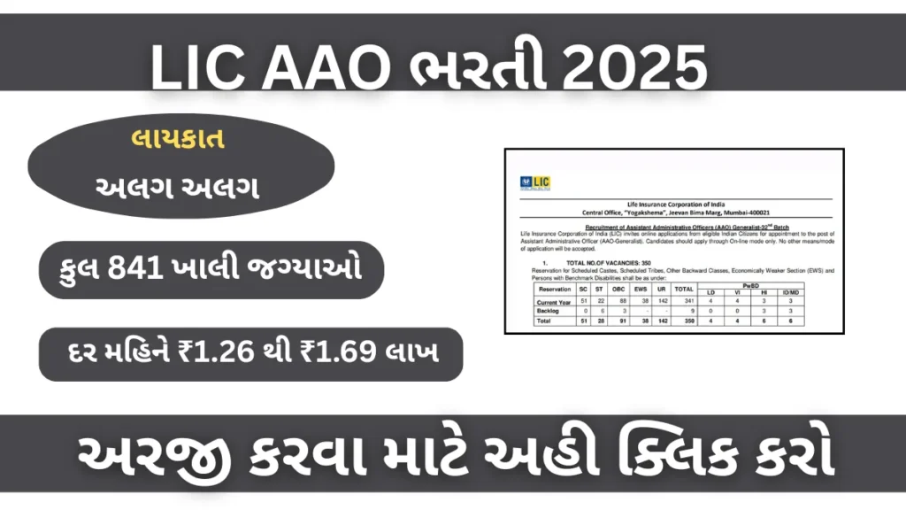 LIC AAO ભરતી 2025 : 841 જગ્યાઓ માટે અરજી શરૂ, જાણો લાયકાત, પગાર અને પરીક્ષા તારીખો